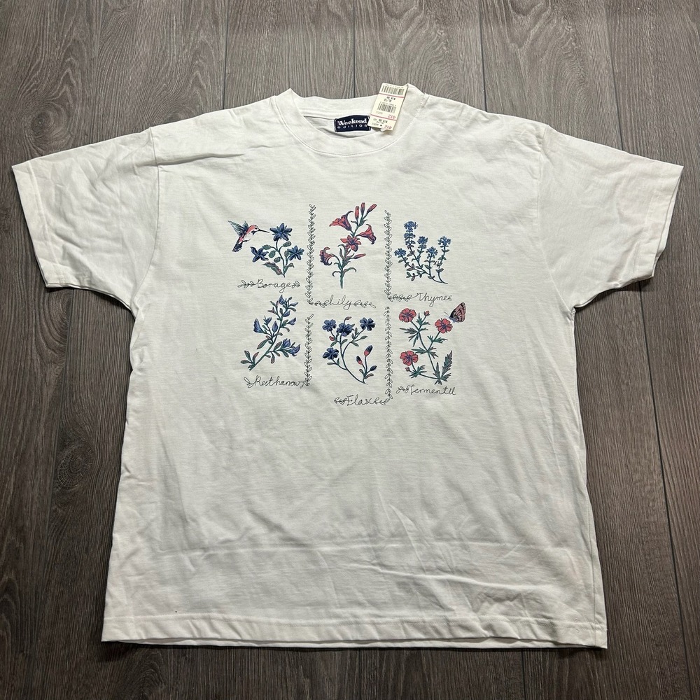 Vintage Botanical Floral T-Shirt Nwt White XL Hummingbird Butterfly Weekend Ed